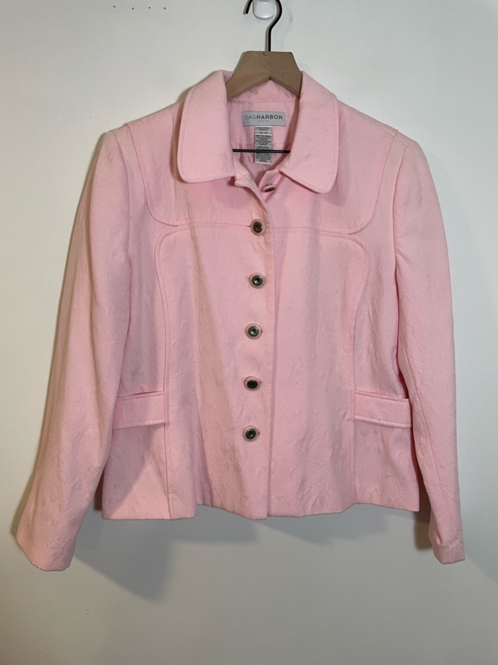 Vintage Sag Harbor Pink Collared Blazer Jacket Floral Embossed Detail Size 16P
